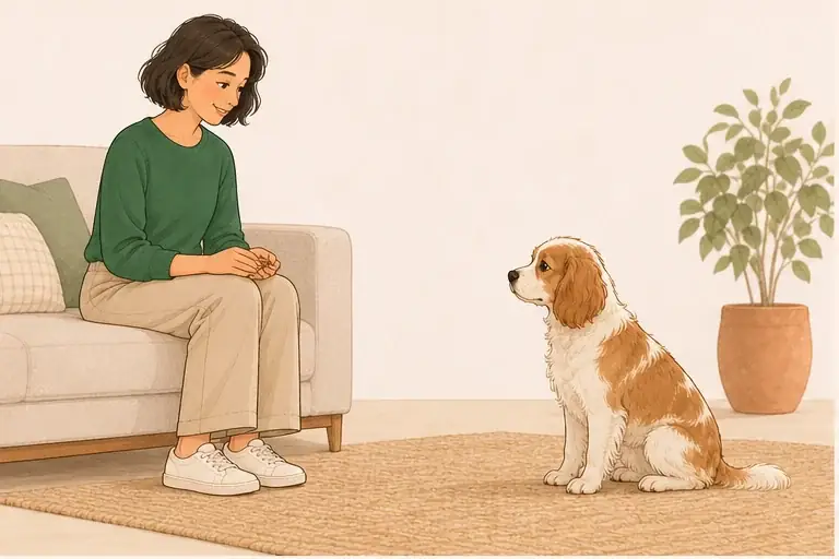 Woman seated on sofa holding small treats in her lap; dog sits on rug a short distance away, both calm.